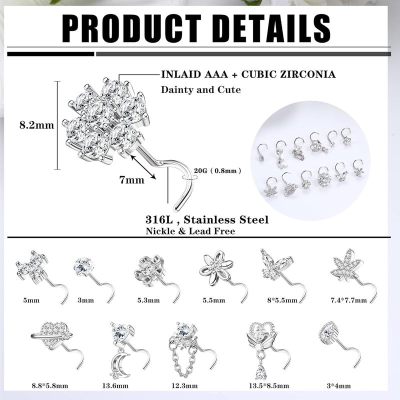 Sanfenly 12 PCS 20G Nose Rings Surgical Stainless Steel, L Shaped Nose Studs for Women Men, CZ Heart Butterfly Flower Leaf Moon Dangle Cute Nose Piercings Studs Screw Jewelry Pink/Purple/Blue/Clear - Image 5